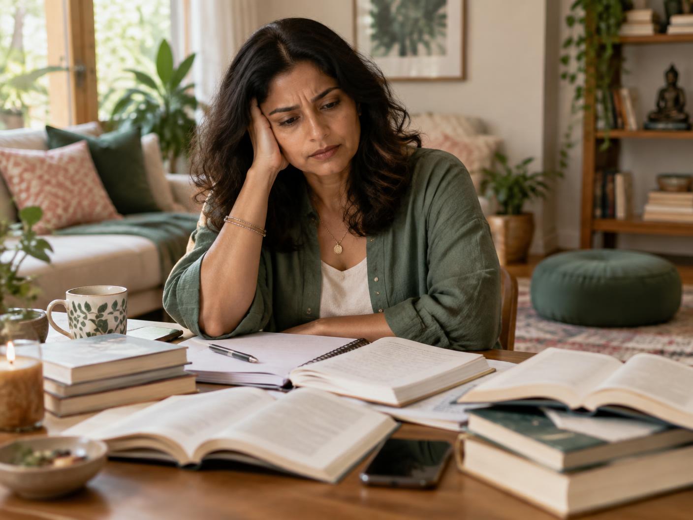 A woman overwhelmed by many self-help approaches
